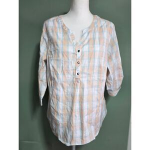 CJ Bank Plaid Blouse Pink , White and Blue Button up Blouse Size X Large